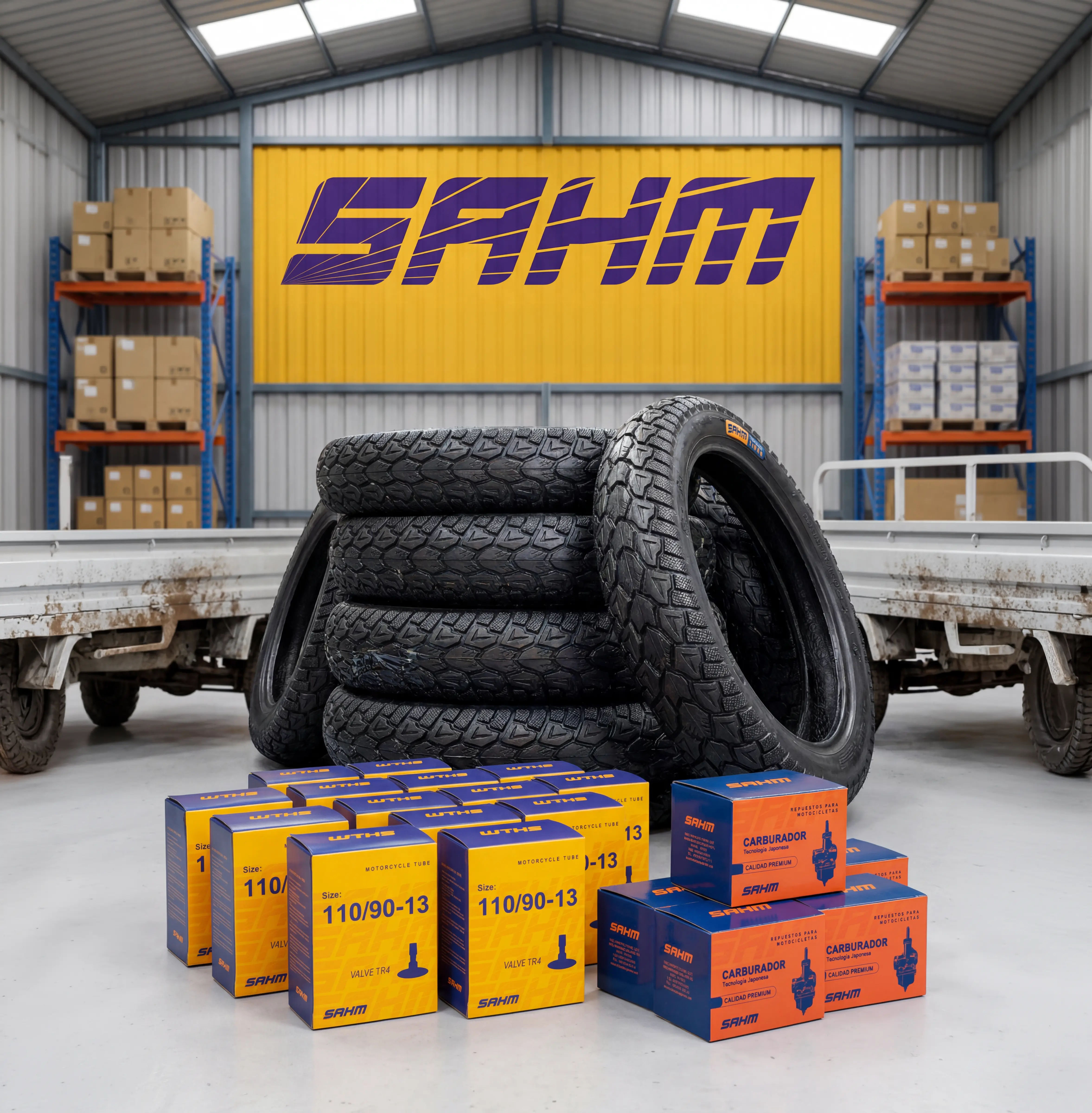 Almacén SAHM con llantas, productos y branding de la marca